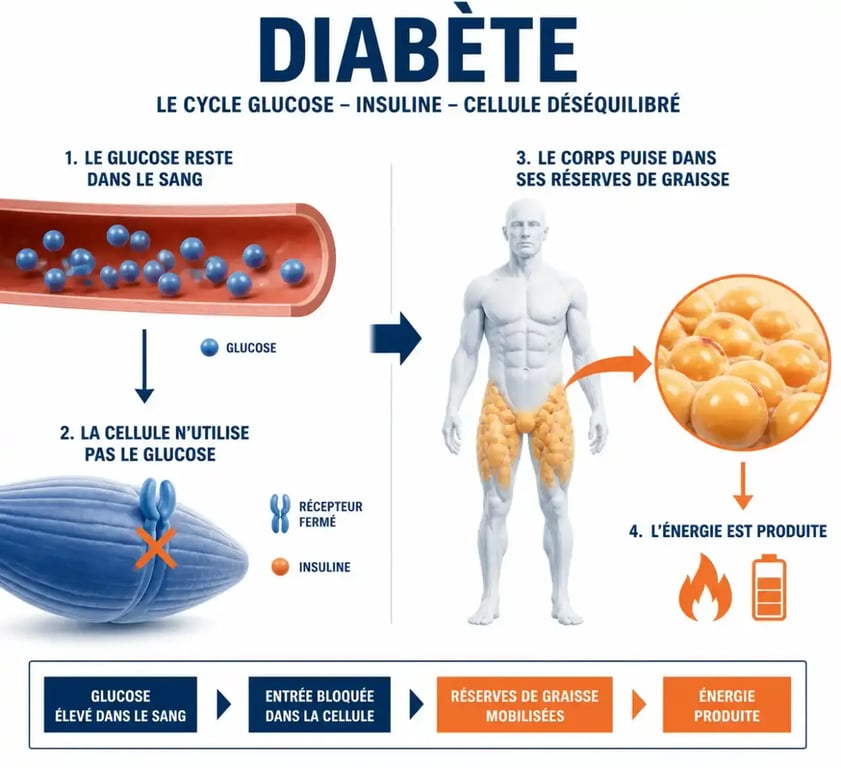 Schéma du mécanisme expliquant la perte de poids et diabète via le blocage du glucose dans les cellules
