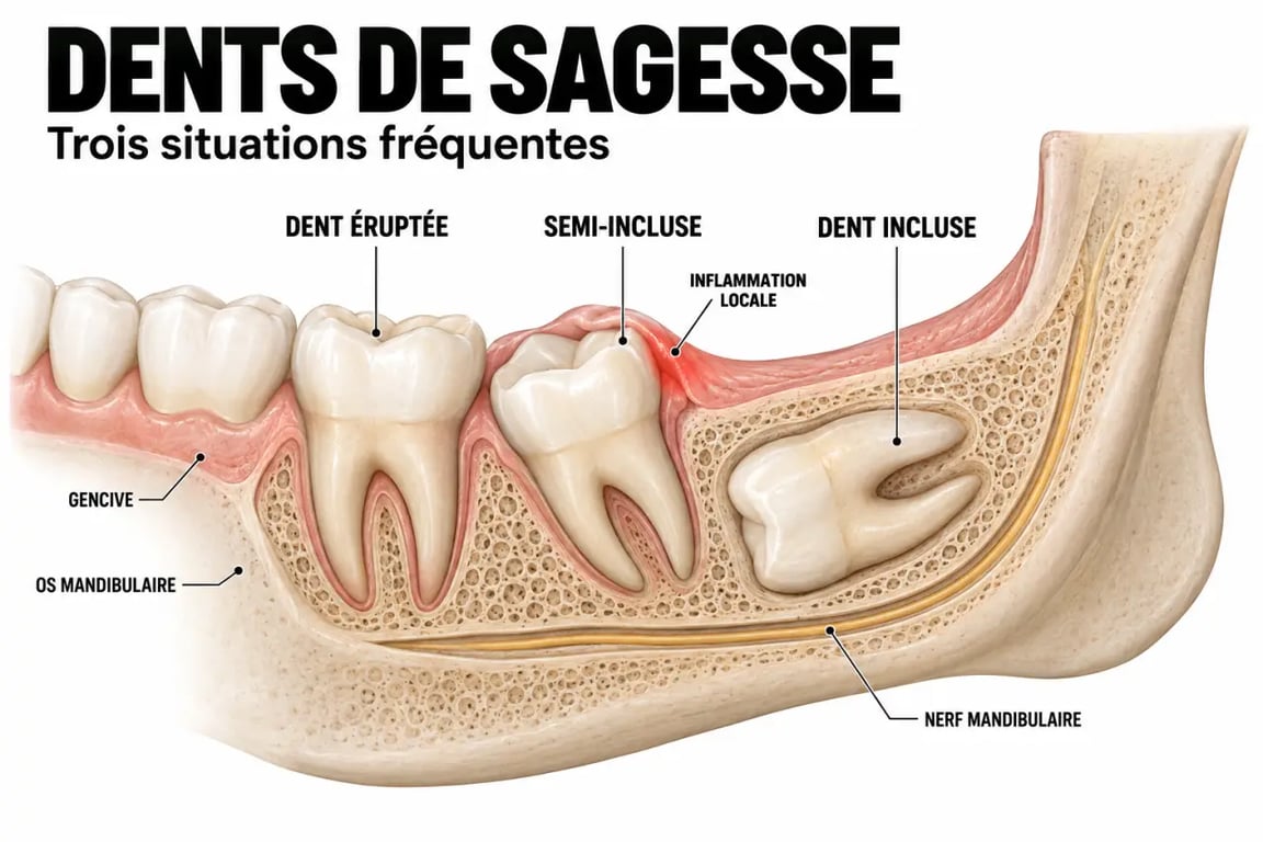 Schéma des dents de sagesse symptômes selon la position de la dent et l’inflammation de la gencive