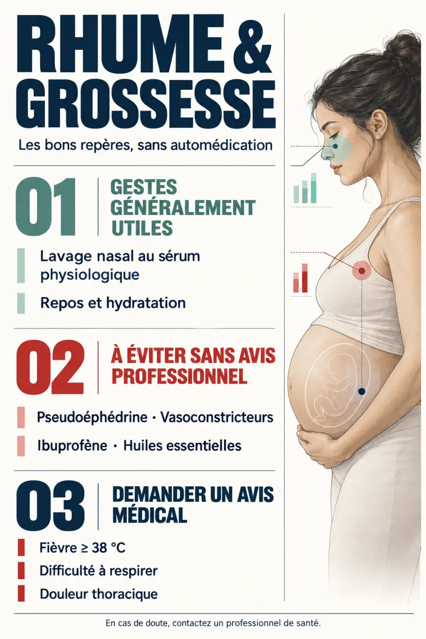 Infographie pratique sur le rhume et grossesse : gestes utiles, médicaments à éviter et signes d’alerte