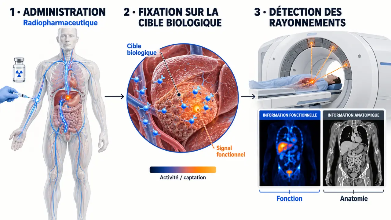 Schéma explicatif du fonctionnement de la médecine nucléaire et du trajet d’un radiopharmaceutique