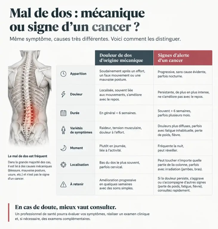 Tableau comparatif : mal de dos bénin vs signes d'alerte cancer
