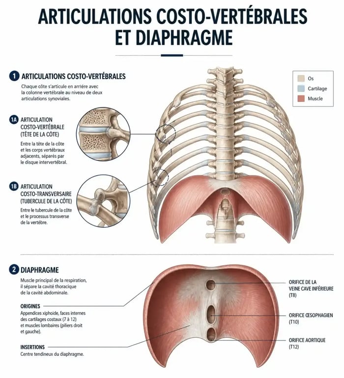 Schéma anatomique illustrant le lien entre dorsalgie et gêne respiratoire