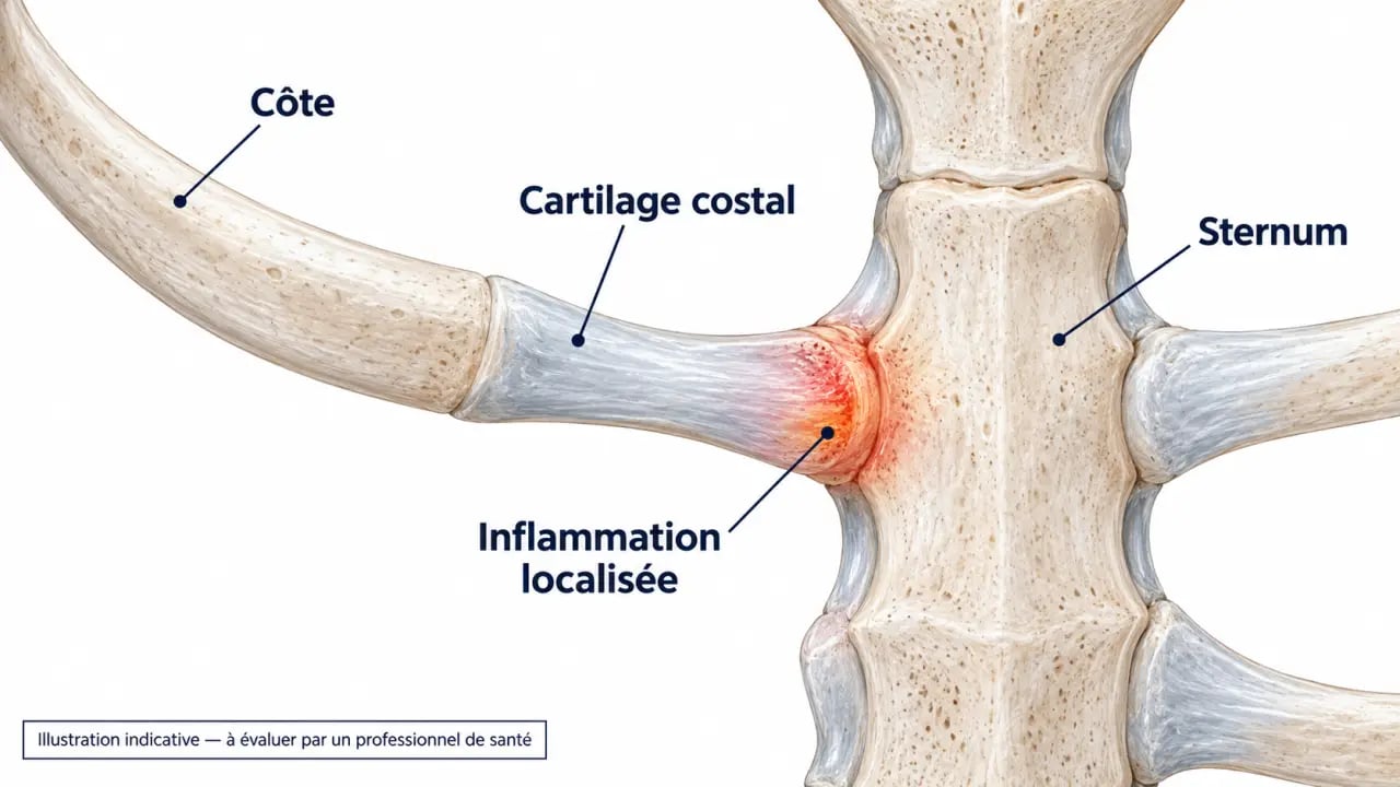 Schéma anatomique illustrant la jonction côte-sternum dans le syndrome de Tietze cause