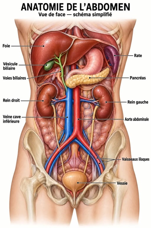Schéma des organes observés lors d’une échographie abdominale
