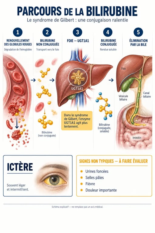 Infographie sur les symptômes de la maladie de Gilbert et le parcours de la bilirubine