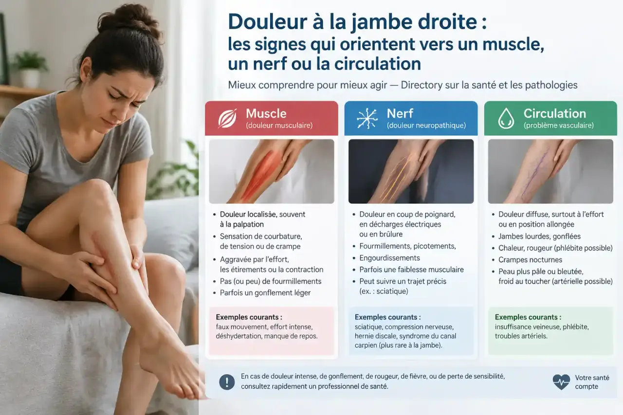 Douleur à la jambe droite : les signes qui orientent vers un muscle, un nerf ou la circulation