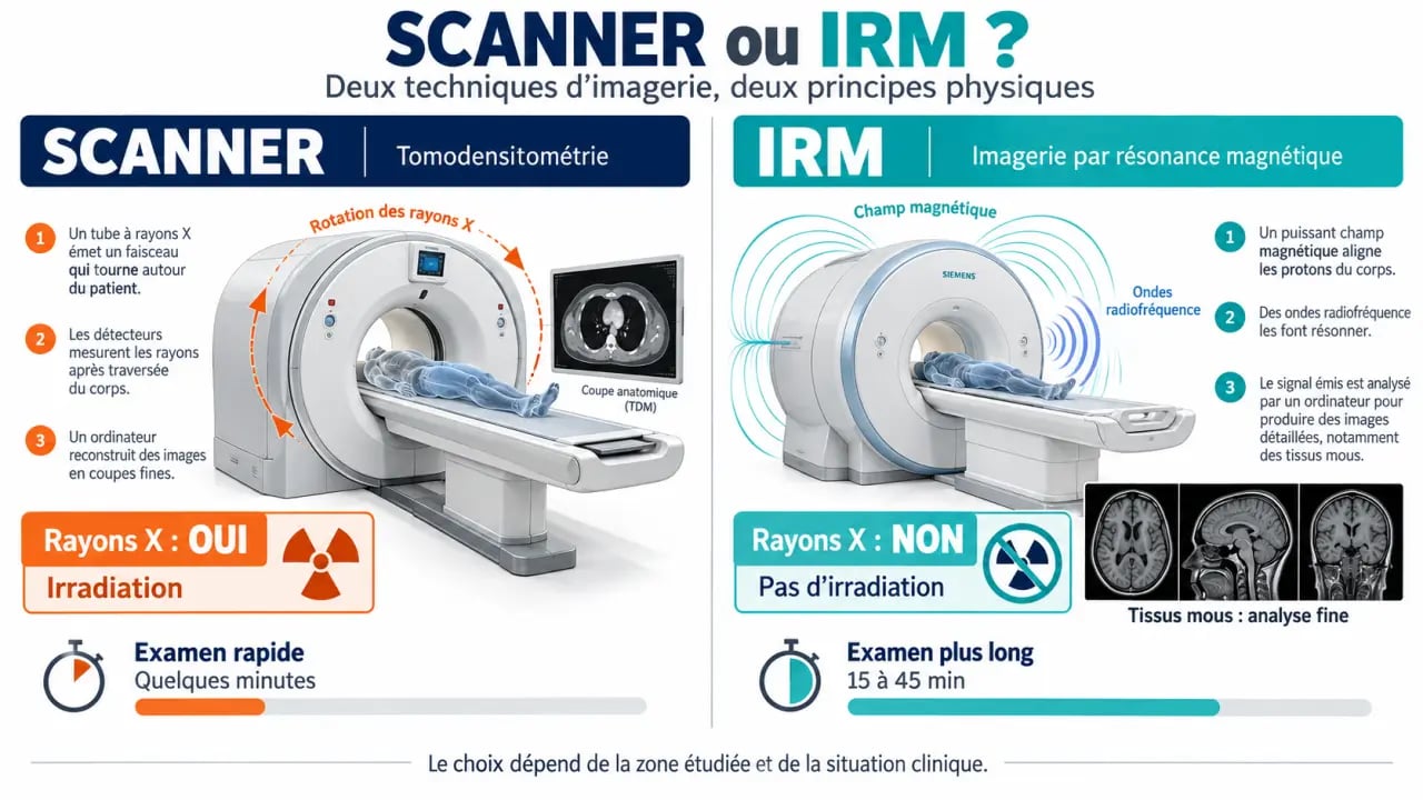Infographie sur la différence entre scanner et IRM, leurs technologies, leur irradiation et leurs principales indications