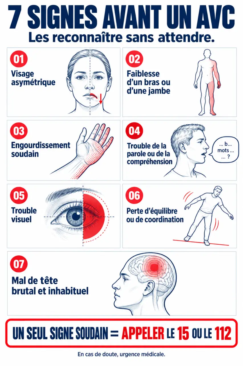 Infographie sur les 7 signes avant AVC et l’appel immédiat au 15 ou au 112